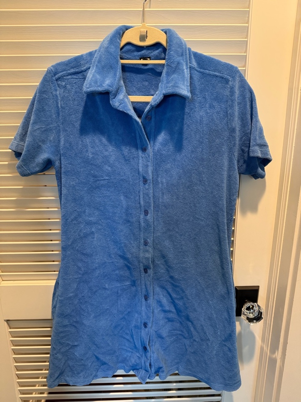 Monrow Blue Short-Sleeve Button Down Terry Shirt Dress